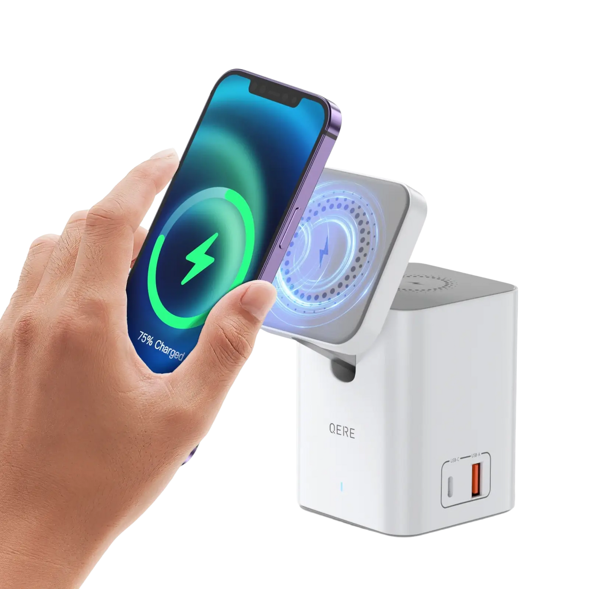 White qere magnetic wireless charging station 65w with built-in usb port and blue glowing circular pad