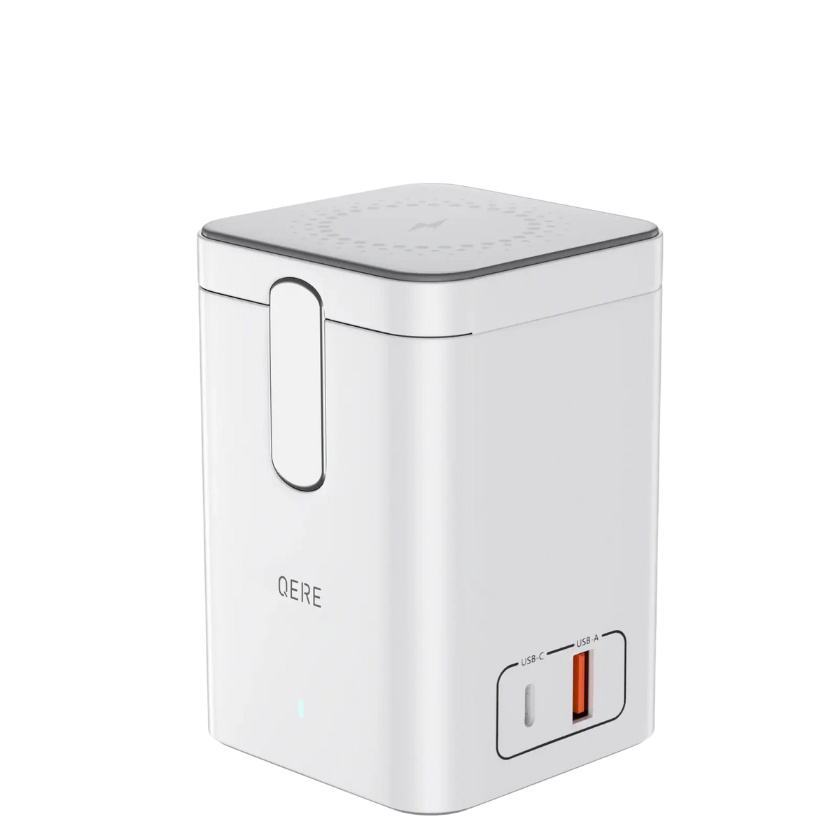 White qere cube-shaped magnetic wireless charging station 65w with matte finish usb-c and usb-a ports on the back side