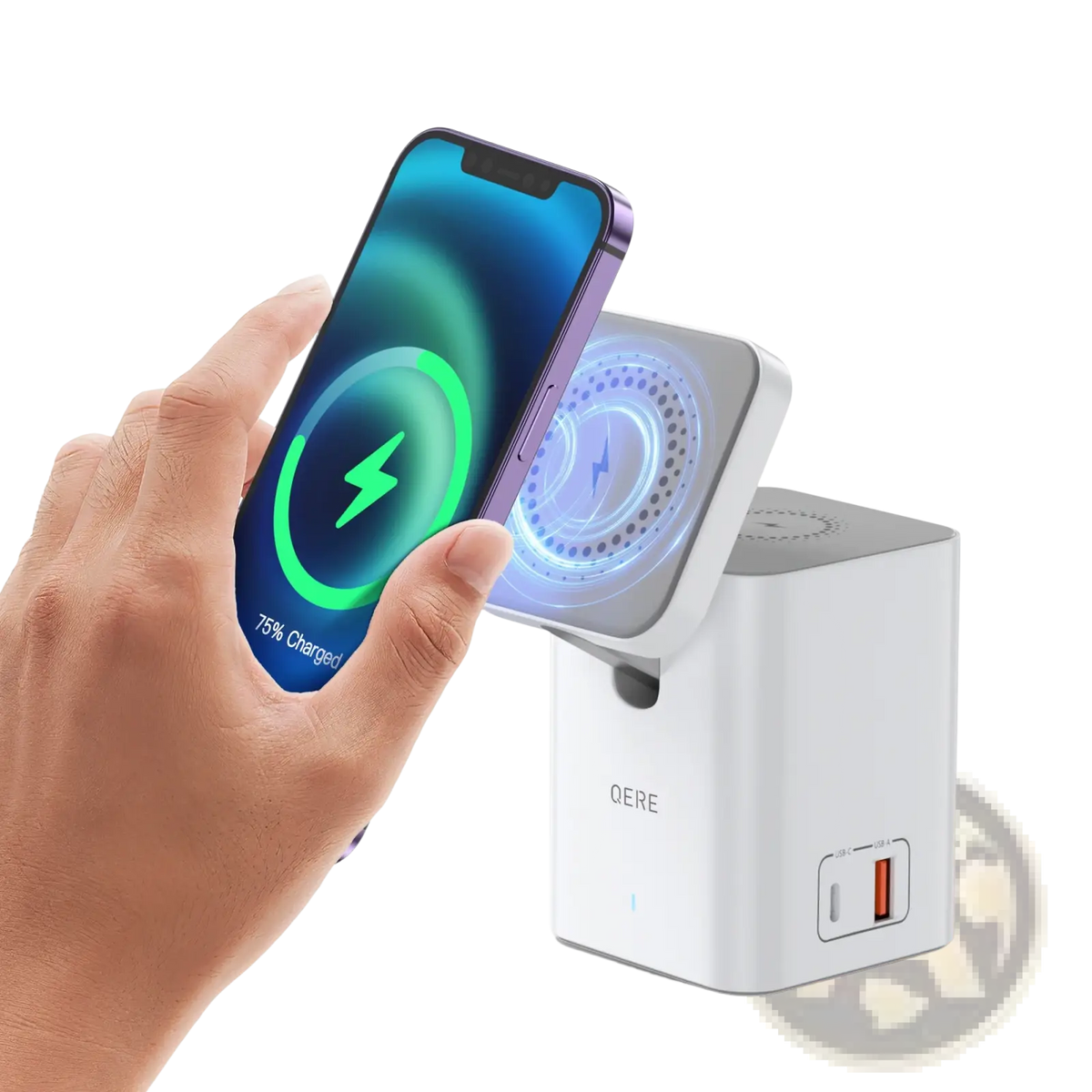 White qere magnetic wireless charging station 65w with built-in usb port and blue glowing circular pad