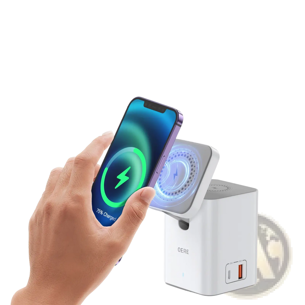 White qere magnetic wireless charging station 65w with wireless charging pad and usb port for desktop use