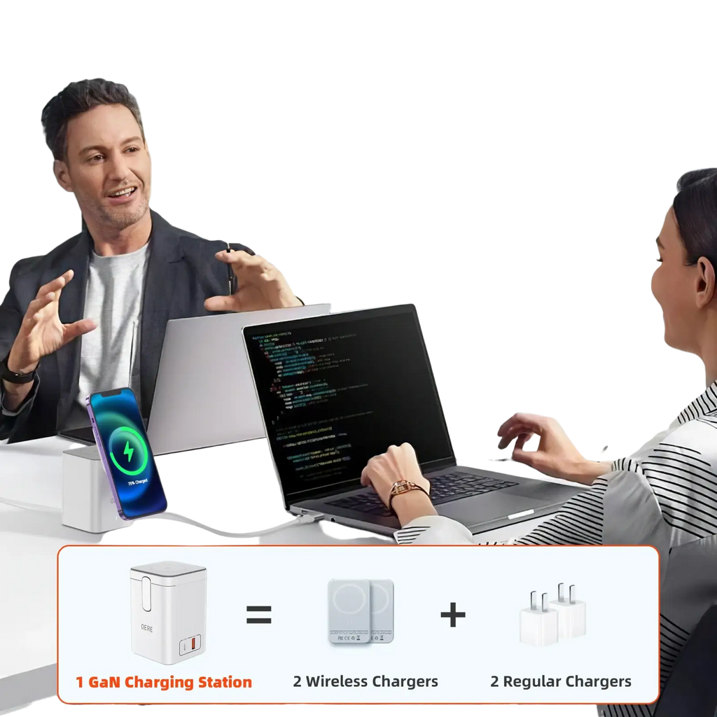White rectangular magnetic wireless charging station 65w with 1 gan charger and minimalist front panel design