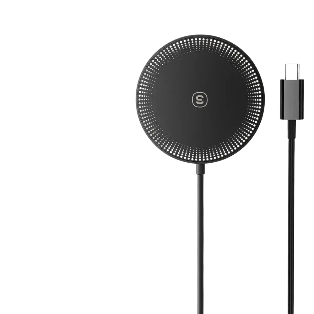 Black circular 15w magnetic wireless fast charger with dotted pattern and attached usb-c cable for iphone 14 13 12