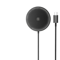 Black circular 15w magnetic wireless fast charger with dotted pattern and attached usb-c cable for iphone 14 13 12