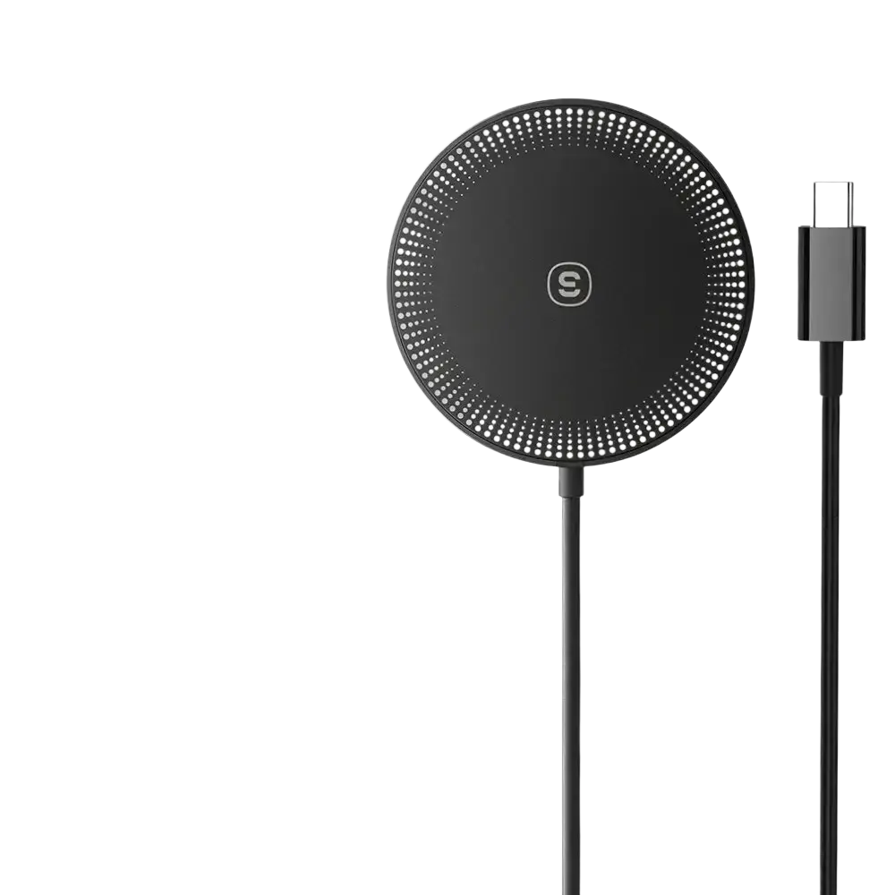 Magnetic wireless fast charger for iphone 14 13 12 with black matte finish and sleek magnetic charging pad design
