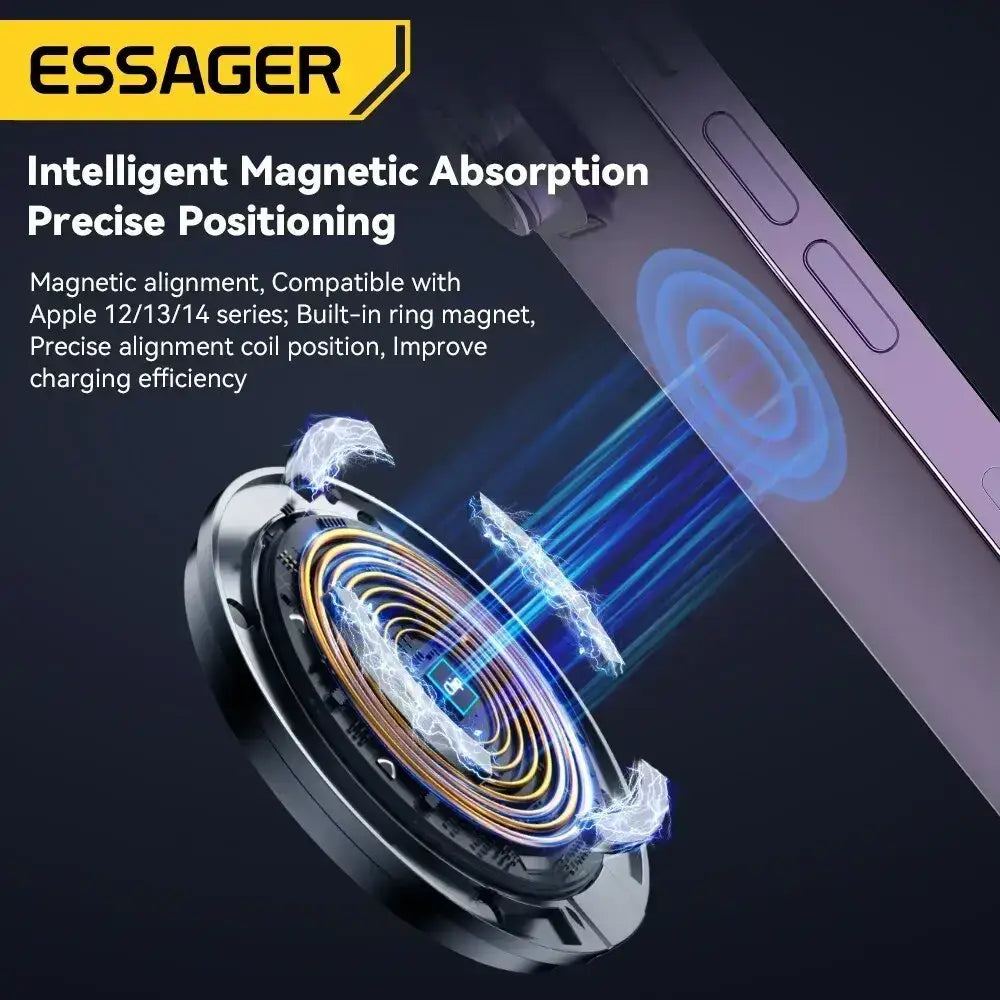 Essager magnetic wireless fast charger pad with built-in ring magnet and precise alignment for iPhone 12 13 14 series