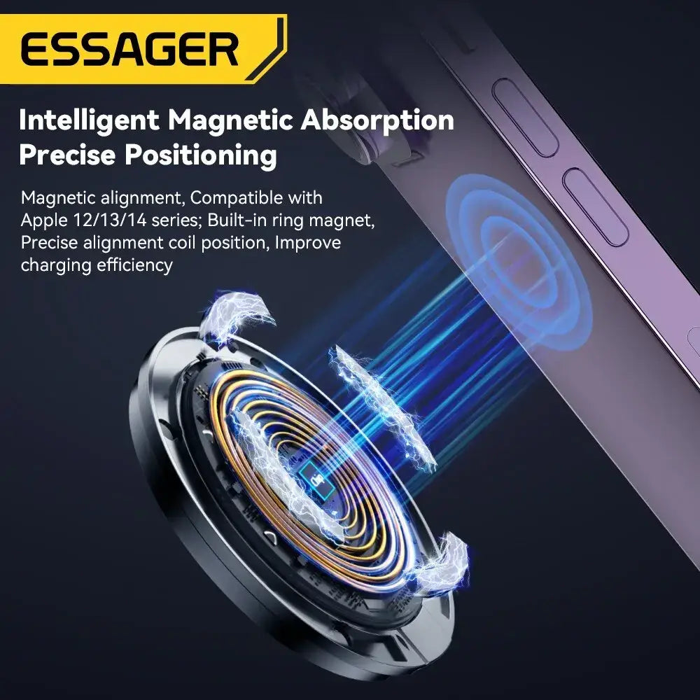 Essager magnetic wireless fast charging pad with sleek metallic finish and concentric coil design for precise iPhone alignment