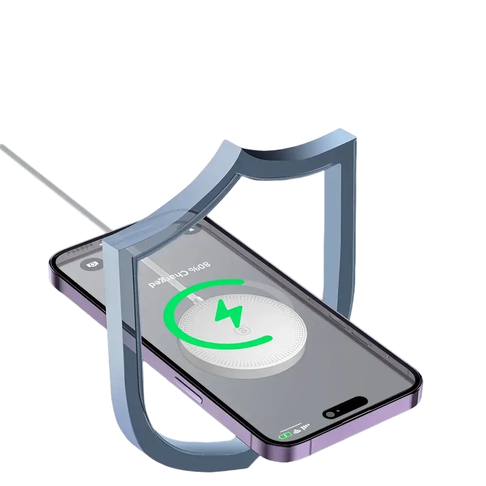 Essager magnetic wireless fast charging pad with sleek metallic frame and transparent protective shield for iphone 14 13 12
