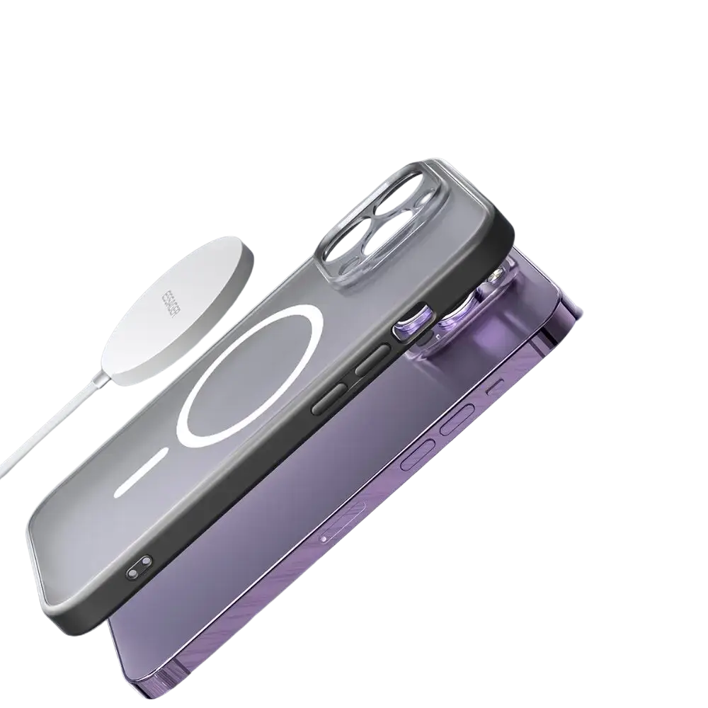 Essager magnetic wireless fast charging phone case in gradient purple and gray with transparent camera cutouts back view