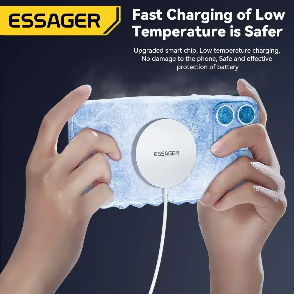 Light blue textured phone case with white circular magnetic wireless fast charging pad attached to the back side