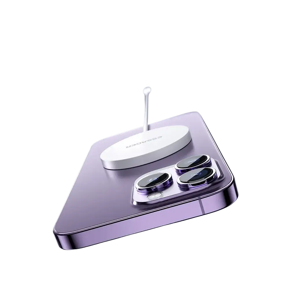 Purple smartphone back with white magnetic wireless fast charging pad attached for iphone 14 13 12 wireless charging