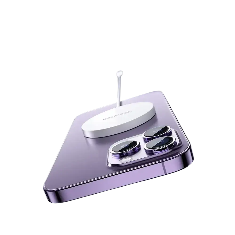 Purple smartphone back with white magnetic wireless fast charging pad attached for iphone 14 13 12 use