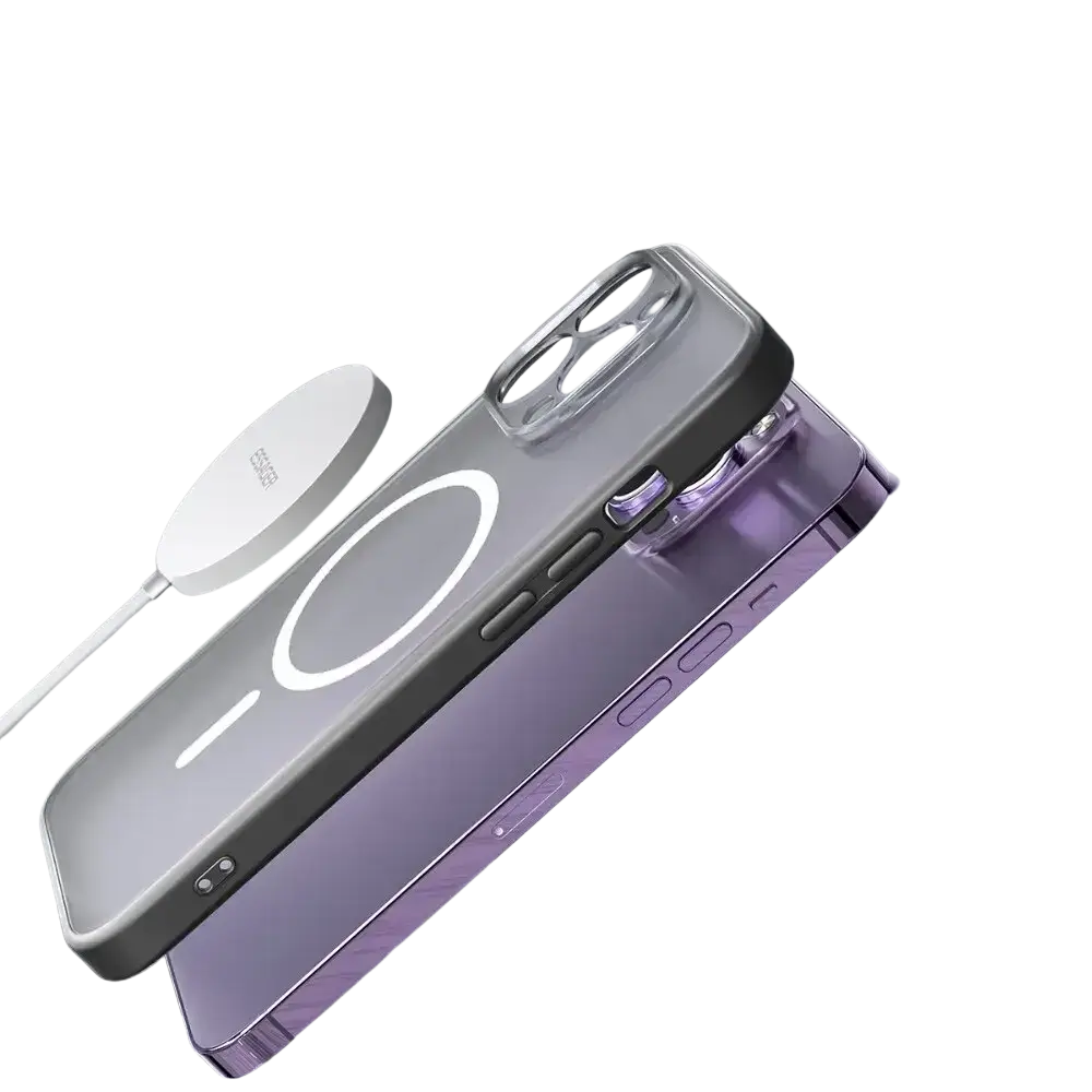 Back side of purple translucent phone case with gray magnetic wireless fast charging pad for iphone 14 13 12