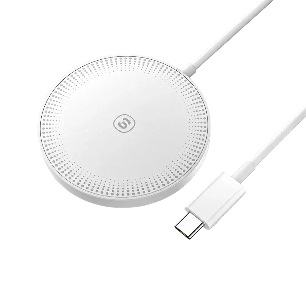 White circular essager 15w magnetic wireless fast charging pad with dotted surface and integrated cable for iphone 14 13 12
