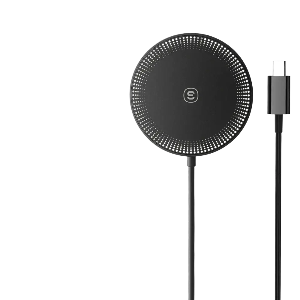 Black circular 15w magnetic wireless fast charging pad with dotted pattern and usb-c cable for iphone wireless charging