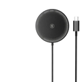 Black circular magnetic wireless fast charging pad with matte finish and usb-c cable for iphone fast charging