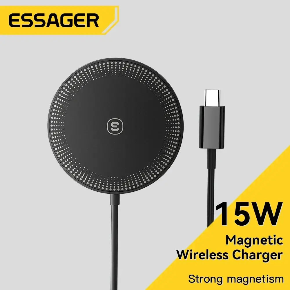 Black circular essager 15w magnetic wireless fast charging pad with sleek matte finish and dotted edge design for iphone