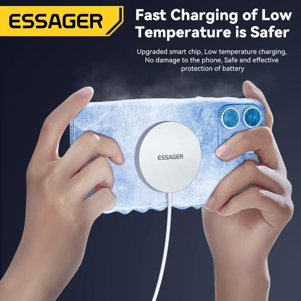 Blue textured phone case with white magnetic wireless fast charging pad attached to the back for iphone wireless charging