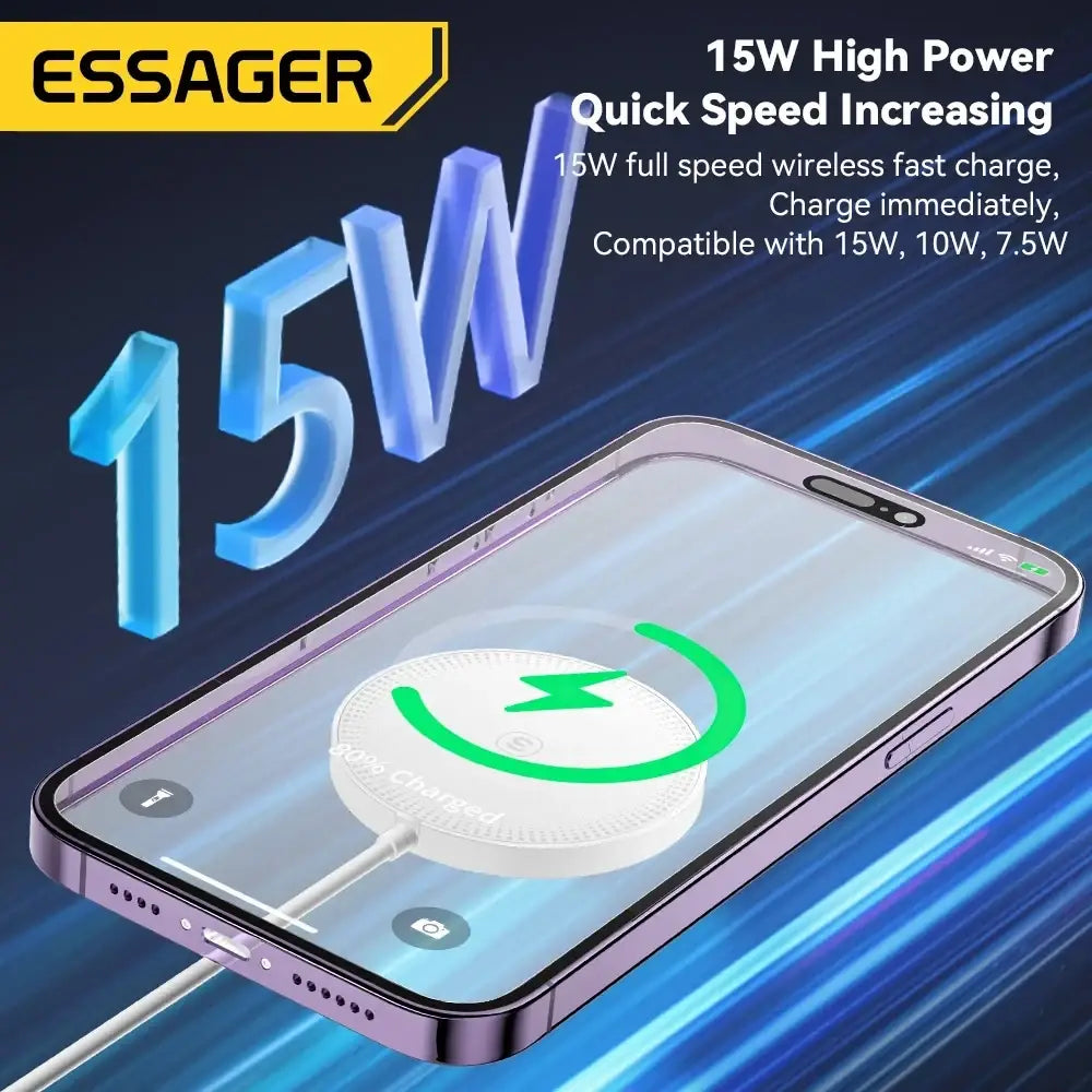 Essager 15w magnetic wireless fast charging pad for iPhone with sleek white circular design and subtle textured surface