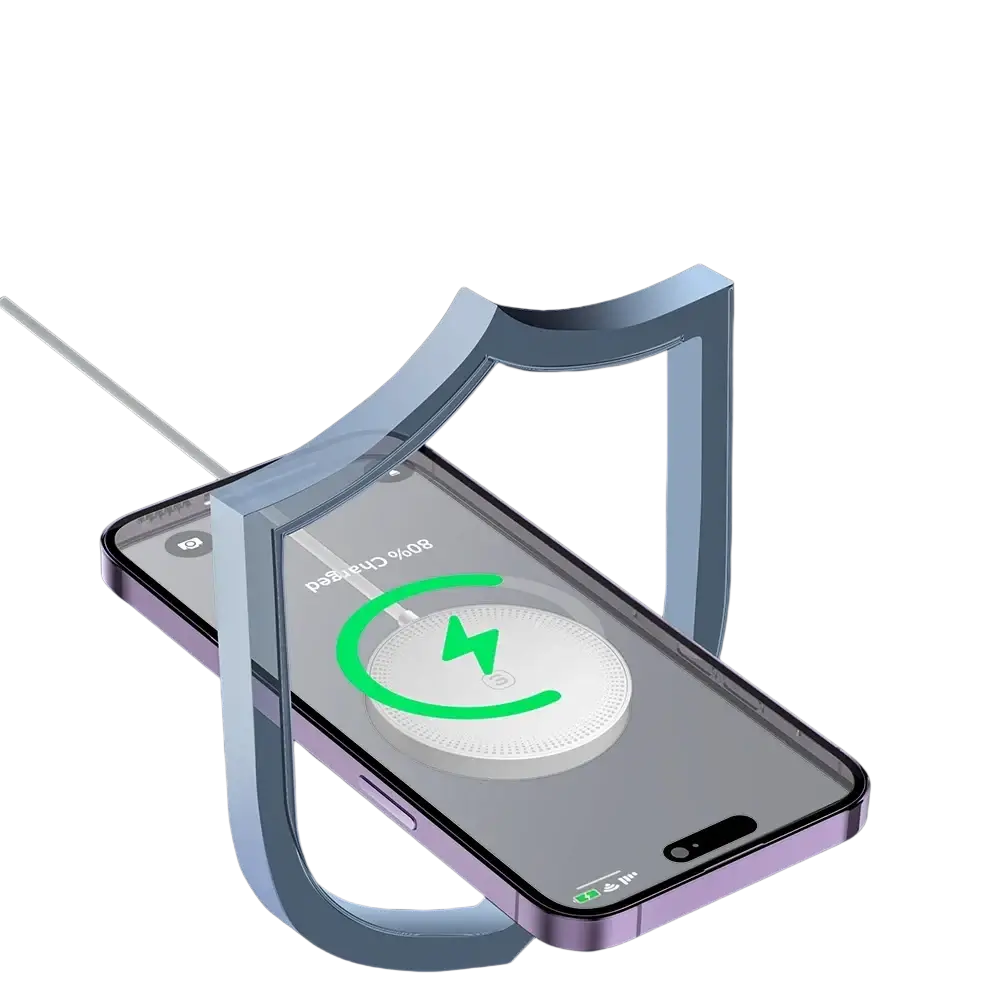 Essager magnetic wireless fast charging pad with sleek metallic frame and transparent protective shield for iPhone