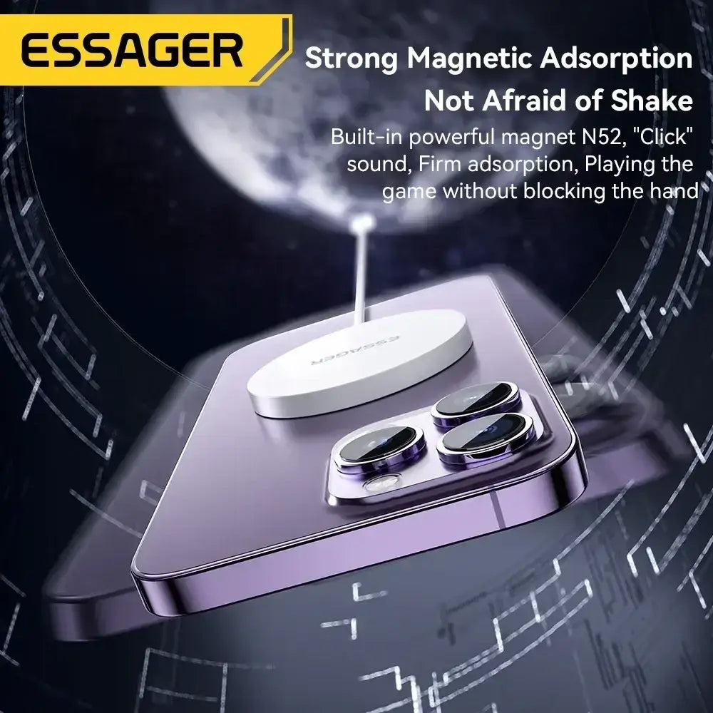 Purple metallic iphone with white circular magnetic wireless fast charging pad attached to the back side