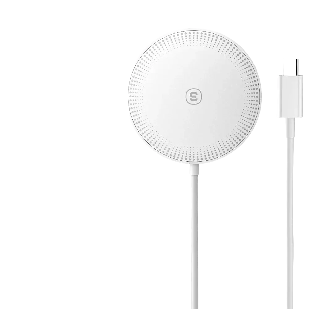 White circular magnetic wireless fast charging pad with 15w output and perforated design for iphone wireless charging