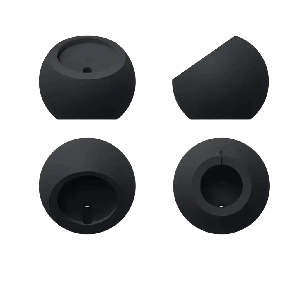 Black silicone earbud tips shown from four angles for magnetic wireless phone charging stand for iphone
