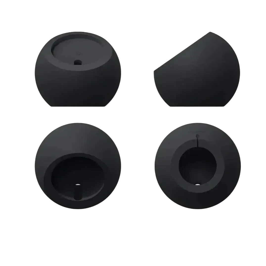 Black silicone earbud tips shown from four angles for magnetic wireless phone charging stand for iphone