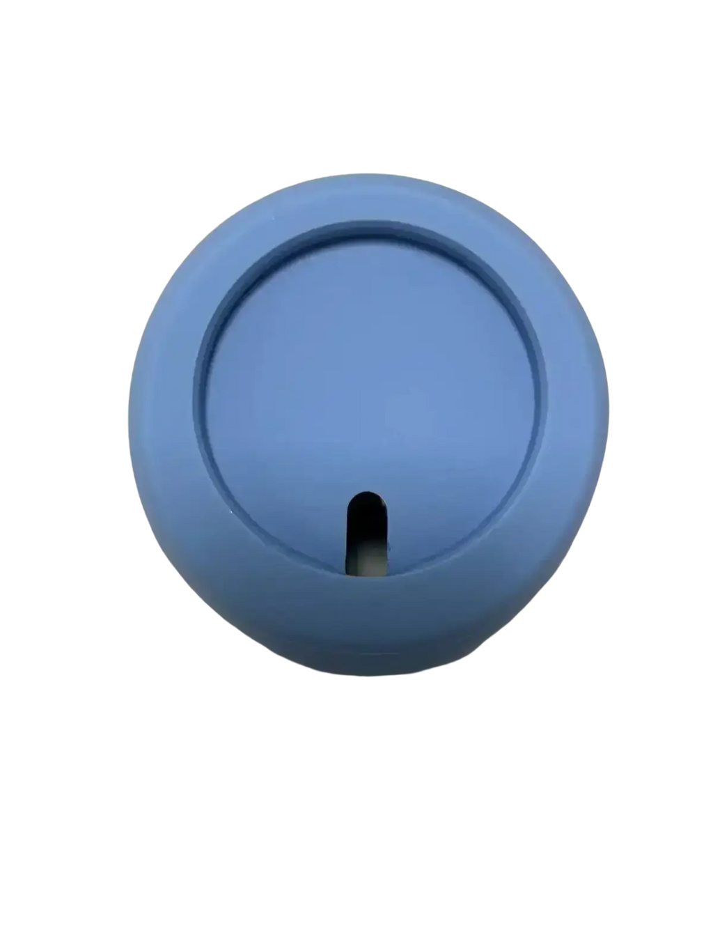 Light blue circular silicone lid with central keyhole slot for magnetic wireless phone charging stand for iphone back side