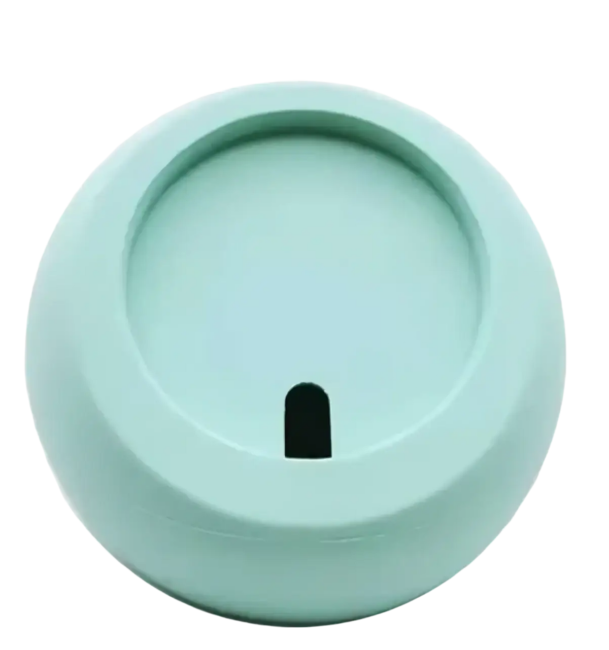 A matte mint-green circular coffee cup lid with a black tab shown alongside a magnetic wireless phone charging stand for iphone
