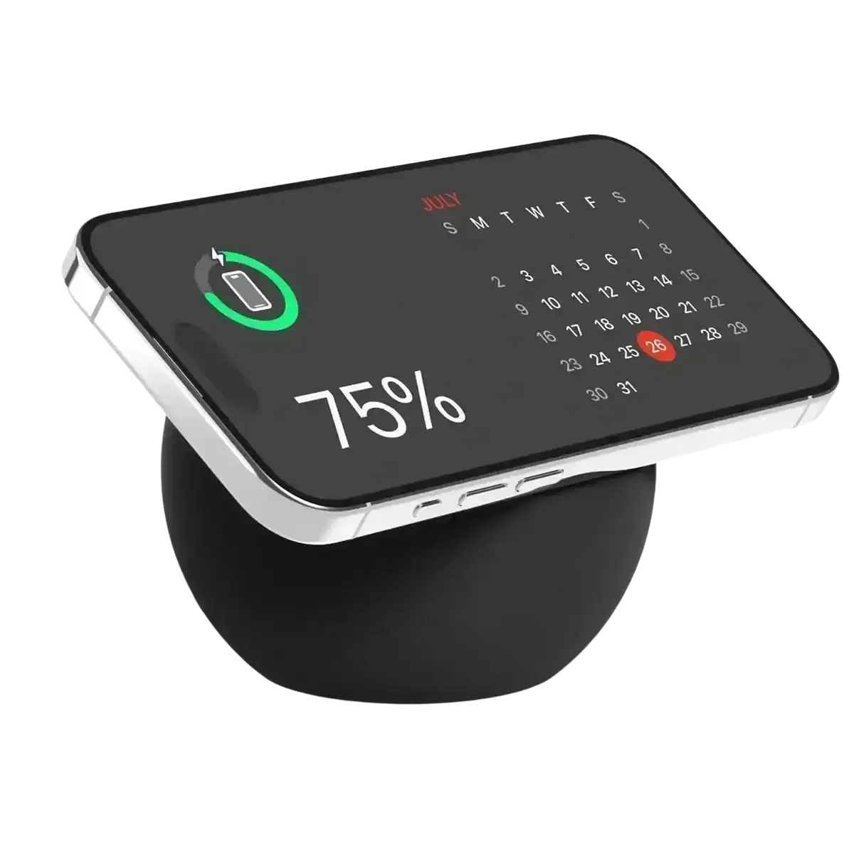 Silver-framed smartphone on black magnetic wireless charging stand displaying calendar and 75 percent battery level