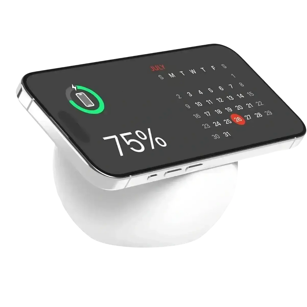 White magnetic wireless phone charging stand with sleek curved design holding iphone displaying calendar and 75 battery