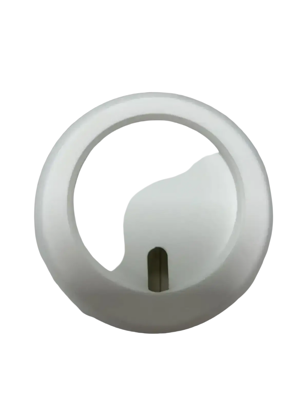 White circular plastic knob with central keyhole on the back of a magnetic wireless phone charging stand for iphone