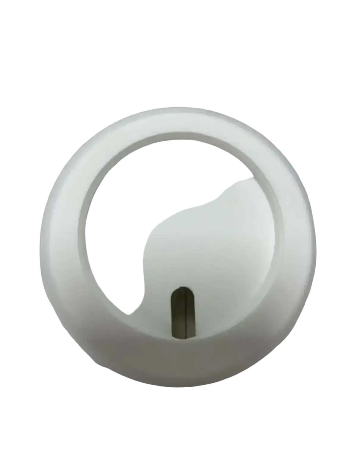 White circular plastic knob with central keyhole on the back of a magnetic wireless phone charging stand for iphone