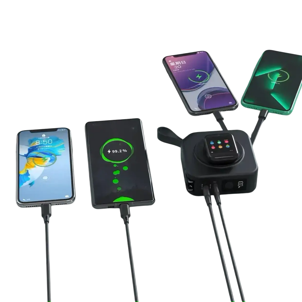Black magnetic wireless power bank 15w max with multi-device charging station and integrated cable management ports