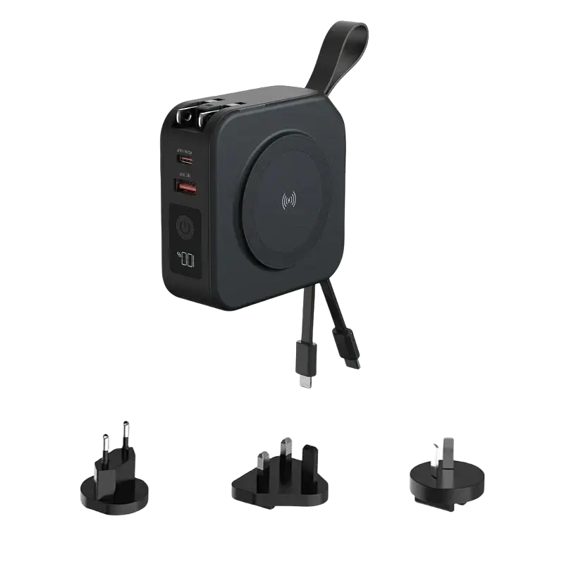 Black magnetic wireless power bank 15w max with built-in wireless pad and retractable cables for international travel