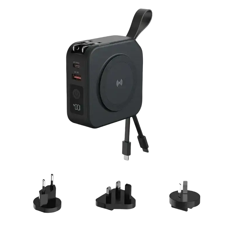 Black magnetic wireless power bank 15w max with integrated wireless charging pad multiple usb ports and carrying loop