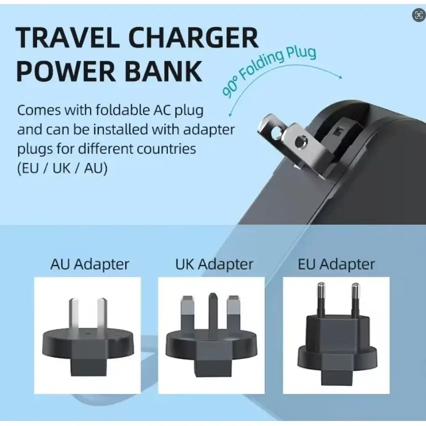 Black magnetic wireless power bank 15w max with 90-degree folding plug and interchangeable eu uk au adapters