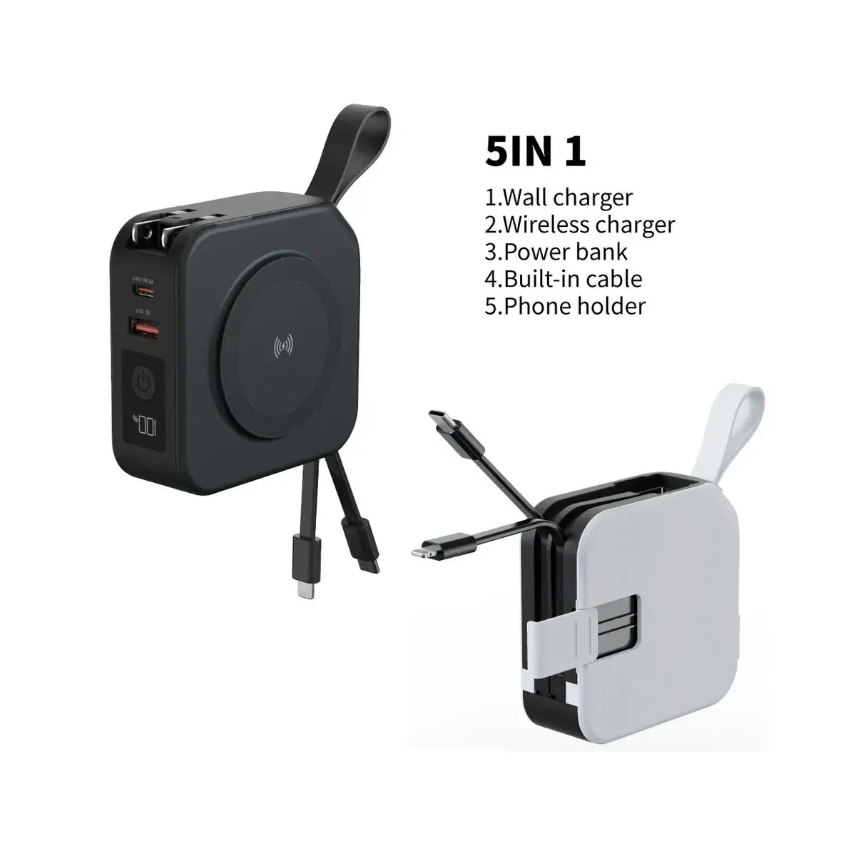 Black and white 5-in-1 magnetic wireless power bank with built-in cable and 15w max charging pad and usb ports