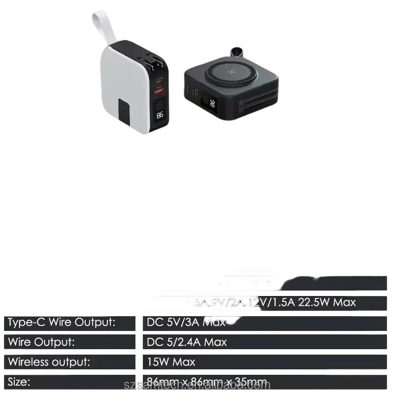 Black and white magnetic wireless power bank with 15w max output and wireless charging pad on top