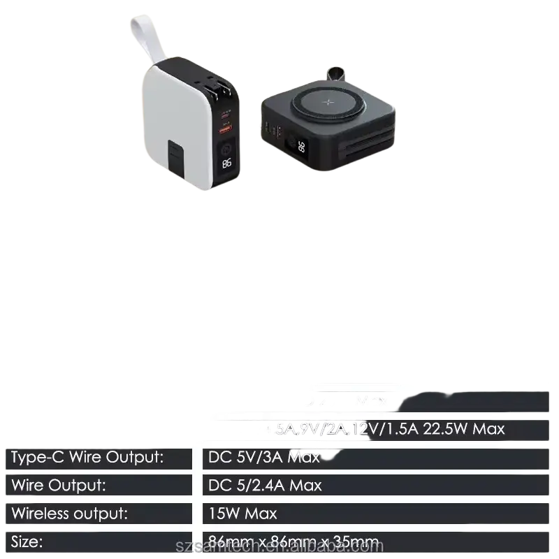 White and black multifunctional magnetic wireless power bank 15w max with carrying loop and type-c usb-a ports