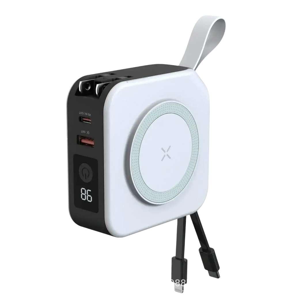 White and black magnetic wireless power bank 15w max with circular wireless charging pad and multiple usb ports