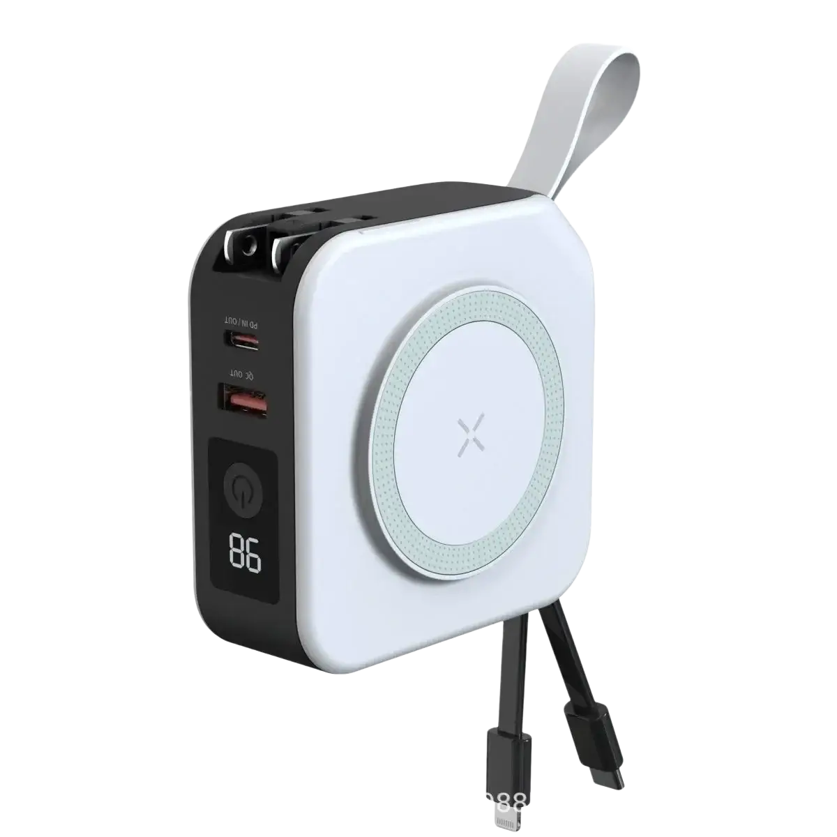White and black magnetic wireless power bank 15w max with circular wireless charging pad and multiple usb ports