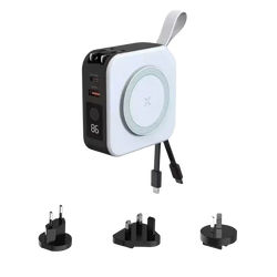 White and black magnetic wireless power bank 15w max with circular wireless charging pad and multiple usb ports