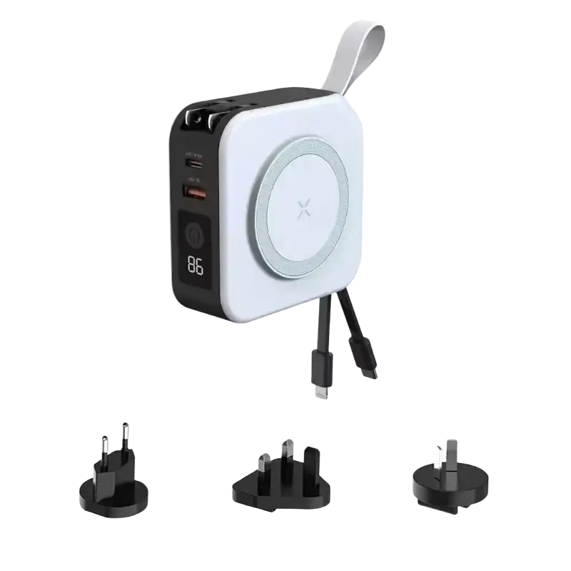 White and black magnetic wireless power bank 15w max with circular wireless charging pad and multiple usb ports