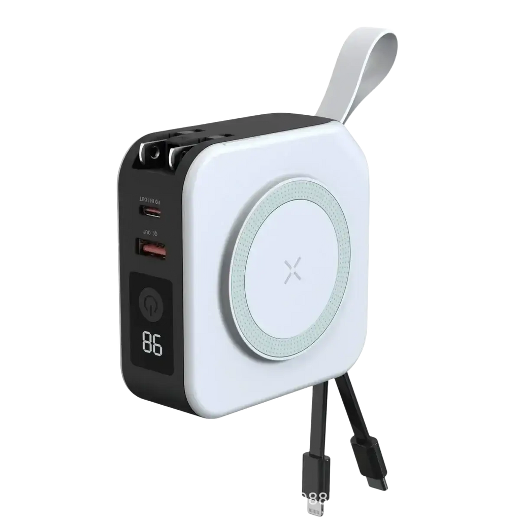 White and black magnetic wireless power bank 15w max with circular charging pad usb ports and attached cable