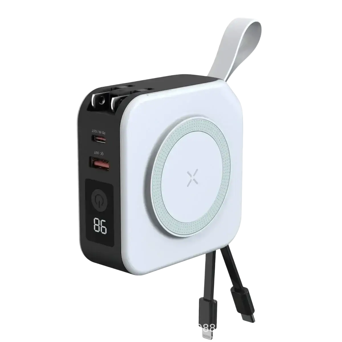 White and black magnetic wireless power bank 15w max with circular charging pad usb ports and attached cable