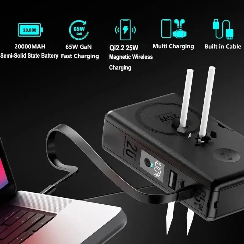Black rectangular magnetic wireless power bank with 20000mah semi-solid battery and 25w fast charging capability