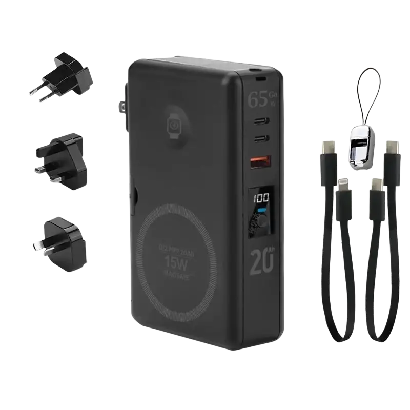 Black rectangular magnetic wireless power bank with 20000mah battery, multiple usb ports, and 65w fast charging
