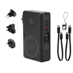 Black rectangular magnetic wireless power bank with 20000mah battery, multiple usb ports, and 65w fast charging