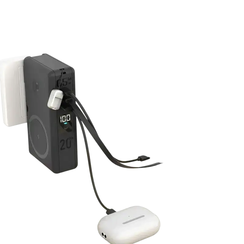 Black rectangular magnetic wireless power bank 20000mah with digital display and cable fast charging white earbud case